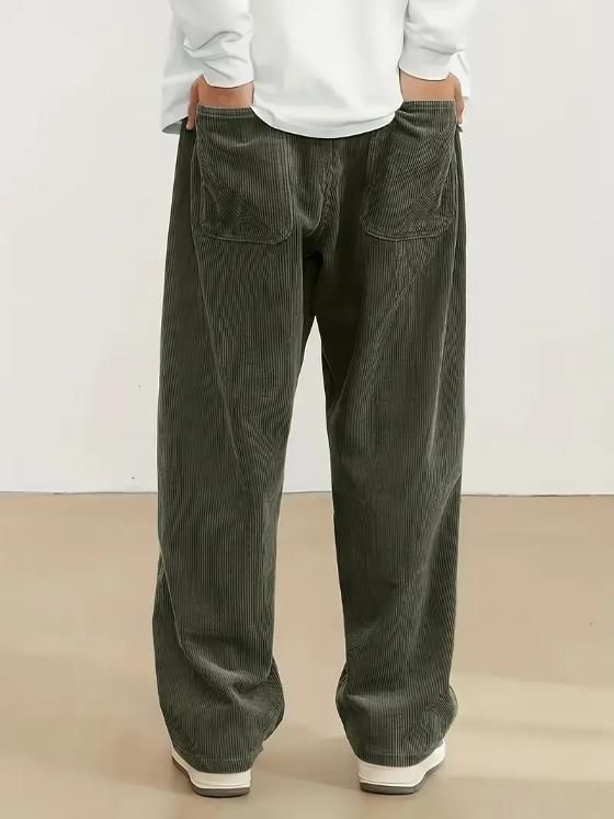 UrbanTrail Men’s Corduroy Cargo Trousers – Dark Green Loose Fit