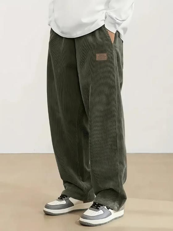 UrbanTrail Men’s Corduroy Cargo Trousers – Dark Green Loose Fit